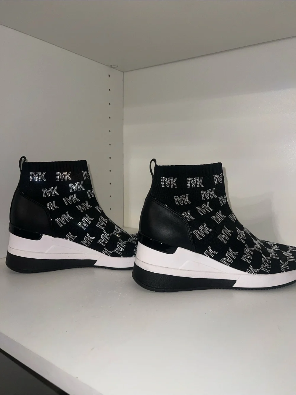 Michael Kors Black Knit Logo Sock Sneakers with White Platform